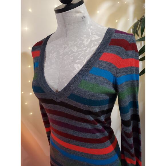 Vtg Y2K The Limited Merino Wool Multi Stripe V-Neck Sweater Womens Size XS Light - Picture 3 of 10